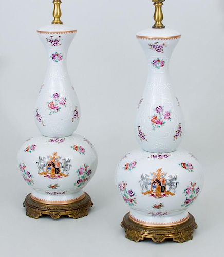 Pair of Samson Double-Gourd Form Vases, Mounted as Lamps