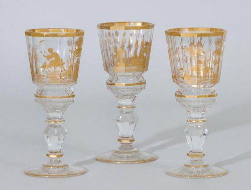 Three Cut-Glass and Gilt-Decorated Goblets