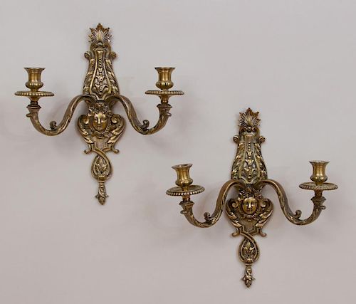 Pair of Louis XIV Style Gilt-Metal Two-Light Wall Sconces