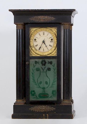 Empire Style Gilt-Metal-Mounted Ebonized Wood Pillar Shelf Clock, Marked 'A.D. Crane's Patent Year'