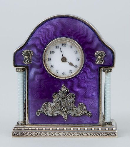 Swiss Silver-Mounted Enamel Miniature Bracket Clock