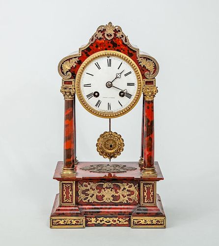 French Gilt-Metal-Mounted Faux Red Tortoiseshell Small Pillar Clock