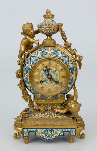 French Champlevé Enamel Mantel Clock, Japy Freres