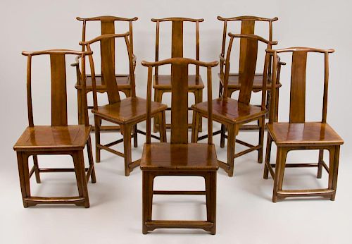 Set of Eight Chinese Elm Dining Chairs, Modern