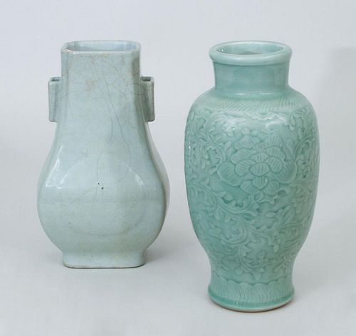 Chinese Celadon Glazed Porcelain Baluster-Form Vase and a White Crackle-Glazed Porcelain Hu-Form Vase