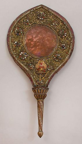 Large Himalayan Ceremonial Repoussé Copper Fan with Ornate Inlay