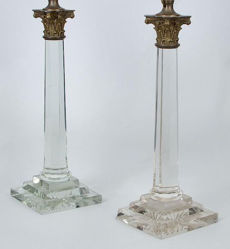 Pair of Brass-Mounted Glass Columnar-Form Table Lamps