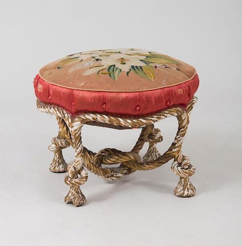 Napoleon III Giltwood Rope-Form Stool with Red Velvet Upholstery