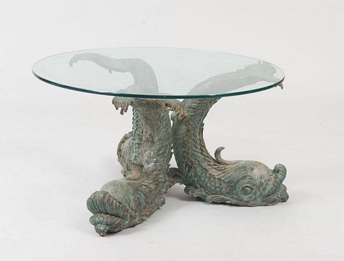 Cast-Zinc Dolphin-Form Glass-Top Low Table