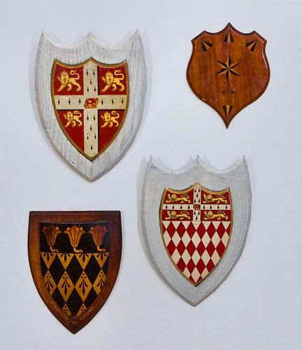 Group of Five Continental Painted Wood Shield-Form Armorial Plaques