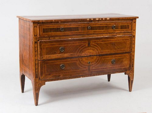 Italian Neoclassical Walnut, Kingwood and Fruitwood Marquetry Commode