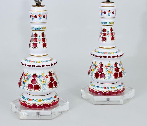 Pair of White Overlay Ruby Glass Lamps