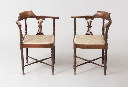 Pair of Victorian Inlaid Mahogany Corner Chairs