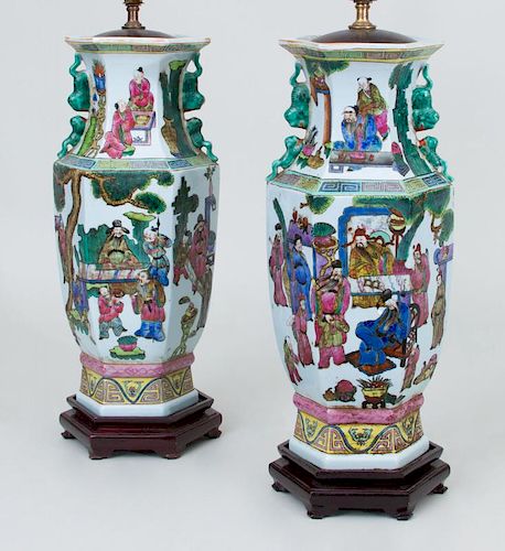 Pair of Chinese Octagonal Baluster-Form Famille Rose Porcelain Vases, Mounted as Lamps