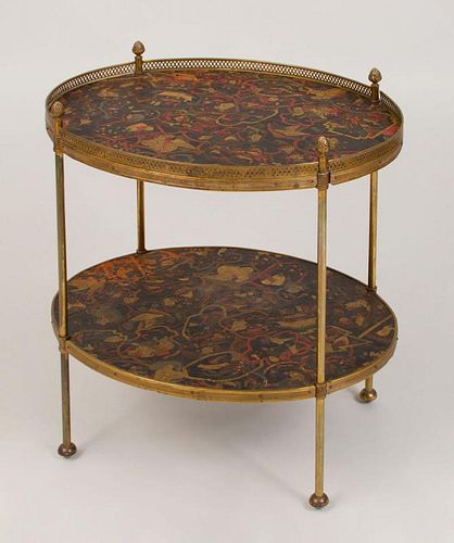 Brass-Mounted Leather Two-Tier Oval Table