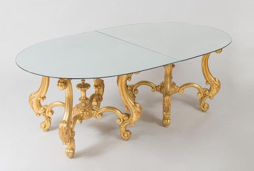 Continental Baroque-Style Carved Giltwood Two-Pedestal Dining Table with a Mirrored Top