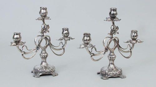 Pair of Continental Art Nouveau Silver-Plated Three-Light Candelabra