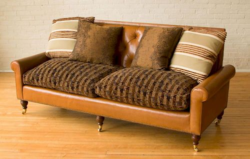 Brass-Studded Leather and Velvet Tufted Sofa