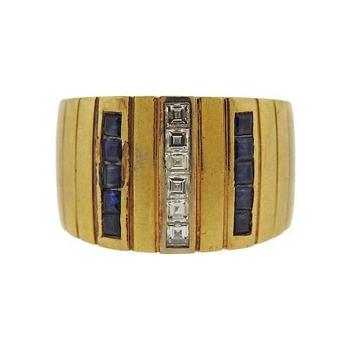 Gucci 18k Gold Diamond Sapphire Wide Ring