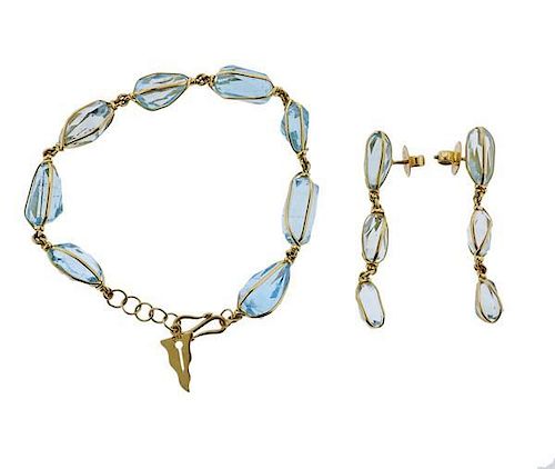 18k Gold Blue Topaz Earrings Bracelet Set