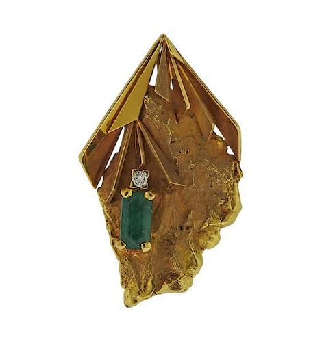 18k Gold Diamond Emerald Brooch Pendant
