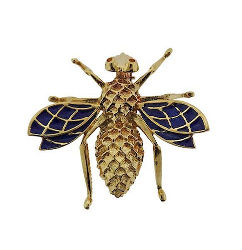 18k Gold Enamel Bee Brooch Pin