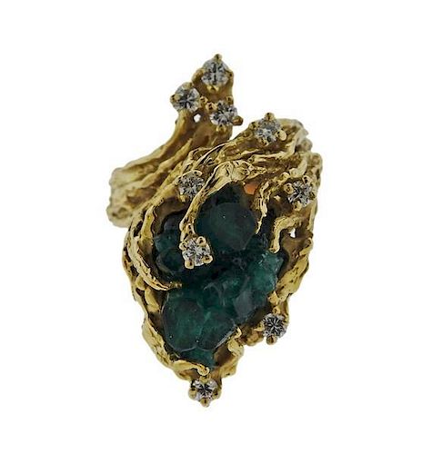 1970s 14k Gold Chatham Emerald Diamond Ring