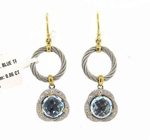 Charriol 18K Gold Steel Diamond Blue Topaz Earrings