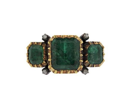 Antique Silver 18k Gold Emerald Diamond Ring