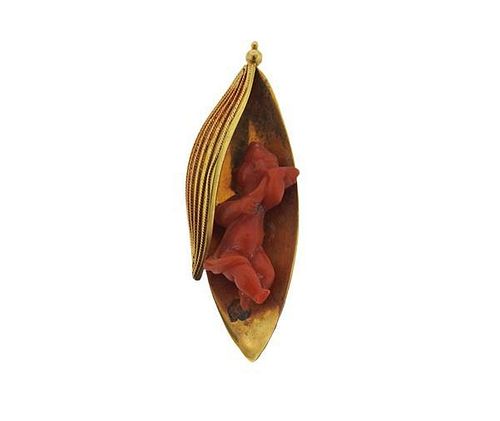 18K Gold Carved Coral Brooch Pin
