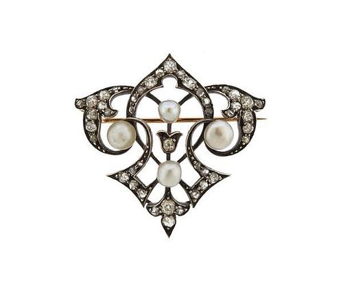 Antique 14k Gold Silver Diamond Pearl Brooch  Pin