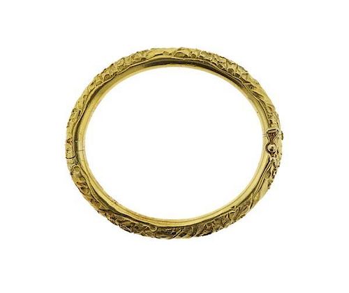 Art Nouveau 18K Gold Floral Motif Bangle Bracelet