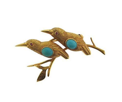 14k Gold Turquoise Bird Brooch Pin