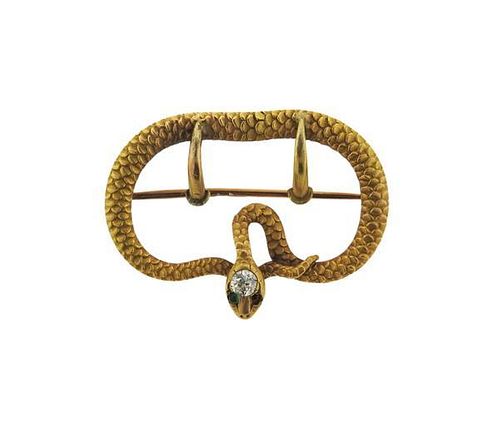 Antique 14k Gold Snake Buckle Diamond Brooch
