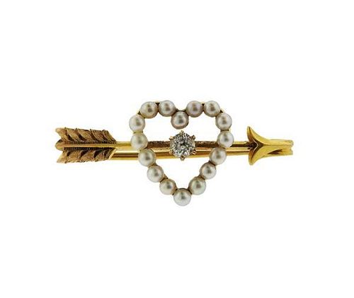 14k Gold Pearl Diamond Heart Arrow Brooch