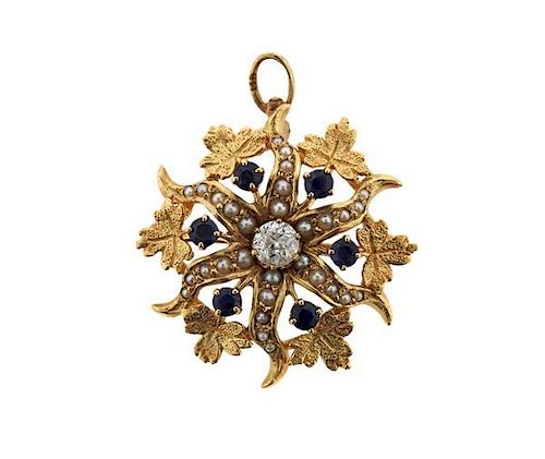 14k Gold Pearl Diamond Sapphire Brooch Pendant
