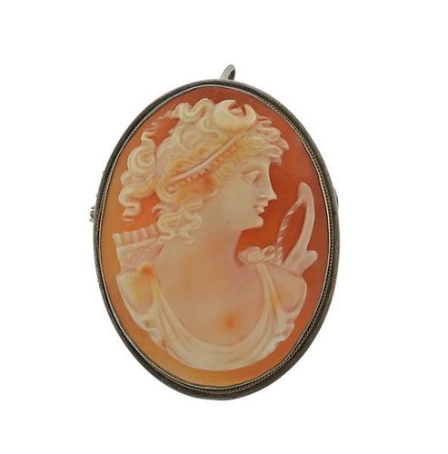 Antique Silver Shell Cameo Brooch Pendant