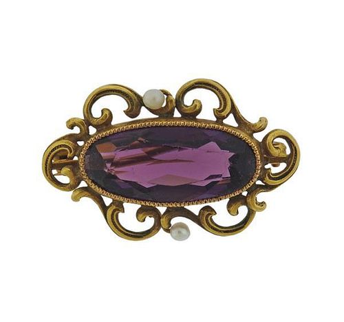 Antique 10k Gold Pearl Purple Stone Brooch Pin