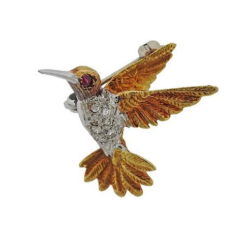 18K Gold Diamond Red Stone Hummingbird Brooch