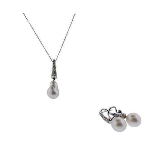 18k 14k Gold Pearl Diamond Earrings Necklace Set