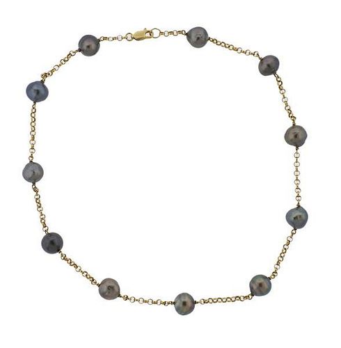 18k Gold Tahitian Pearl Station Necklace