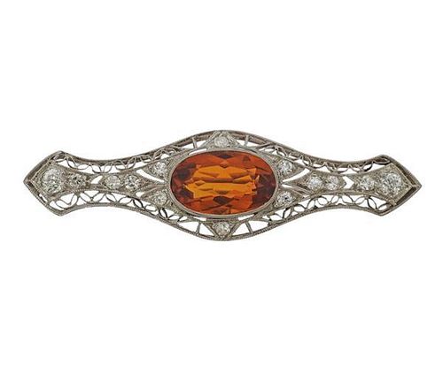 Art Deco Filigree Platinum Diamond Citrine Brooch