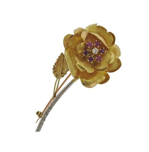 18k Gold Diamond Ruby Rose Flower Brooch Pin
