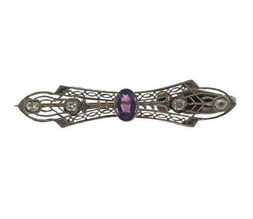 Art Deco 14k Gold Diamond Purple Stone Brooch Pin