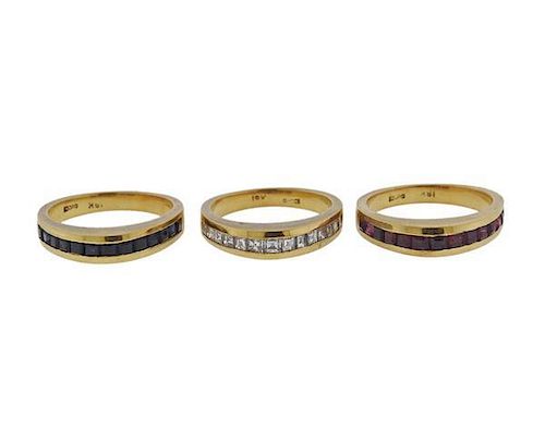 Gucci 18k Gold Diamond Sapphire Ruby Band Ring Set of 3