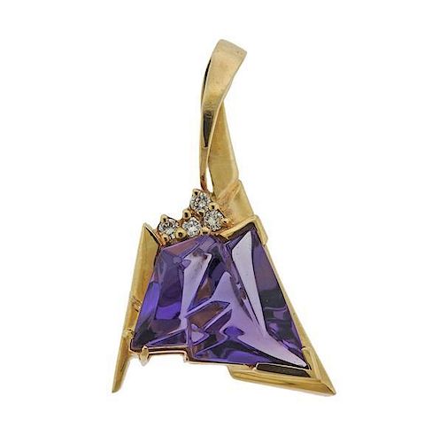 14K Gold Diamond Purple Stone Abstract Pendant