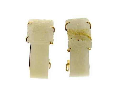 14k Gold Carved Natural Nephrite Hoop Earrings