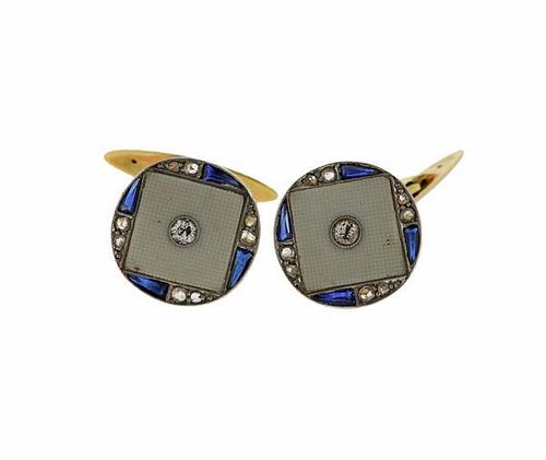 Art Deco Platinum 18k Gold Diamond Sapphire Cufflinks