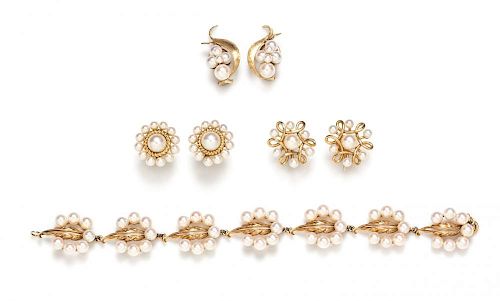 A Collection of 14 Karat Yellow Gold and Cultured Pearl Jewelry, 27.10 dwts.