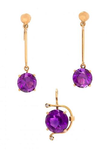 A Collection of Yellow Gold, Amethyst and Diamond Jewelry, 4.80 dwts.
